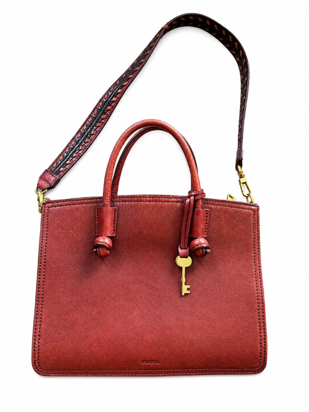Fossil Genuine Leather Satchel | Burgundy Pebbled Leather | Brass key Charm - Picture 2 of 11